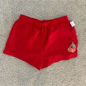 Mighty Fine XXL Red Sweat Shorts, with drawstring and pockets, cherry emblem